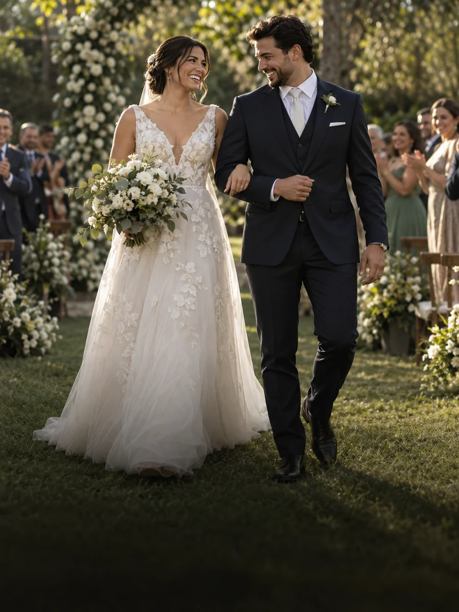 Casal celebrando um casamento no jardim